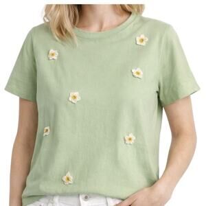 Zara Top Large Short Sleeve Pullover Green Daisy Applique Round Neck Cotton